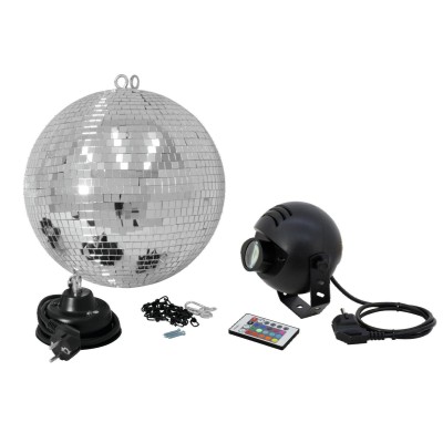 Veidrodinis gaublys EUROLITE Mirror ball set 30cm with LED RGB spot RC